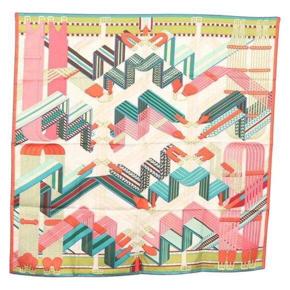 HERMES Carre 90 Scarf ""SANGLES EN ZIGZAG"" Silk Green Auth 135934 - Picture 1 of 14
